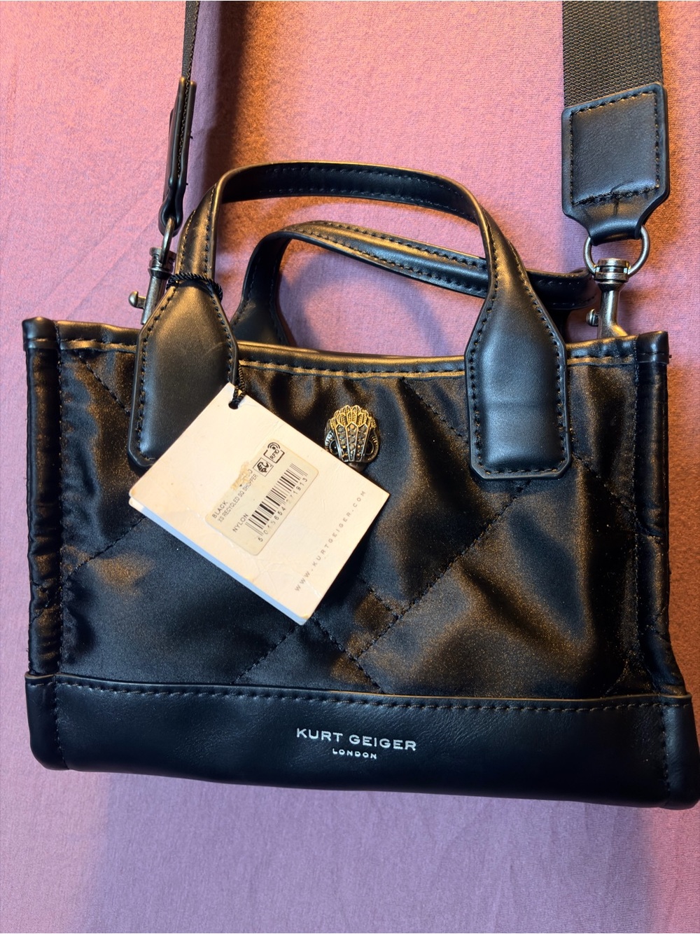 Kurt Geiger Black Quilted Mini Tote with Gold Emblem